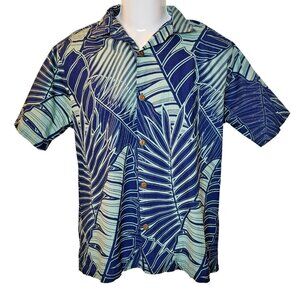 Hilo Hattie Hawaiian Shirt – Men's Small, Blue Palm Print, Made in Hawaii